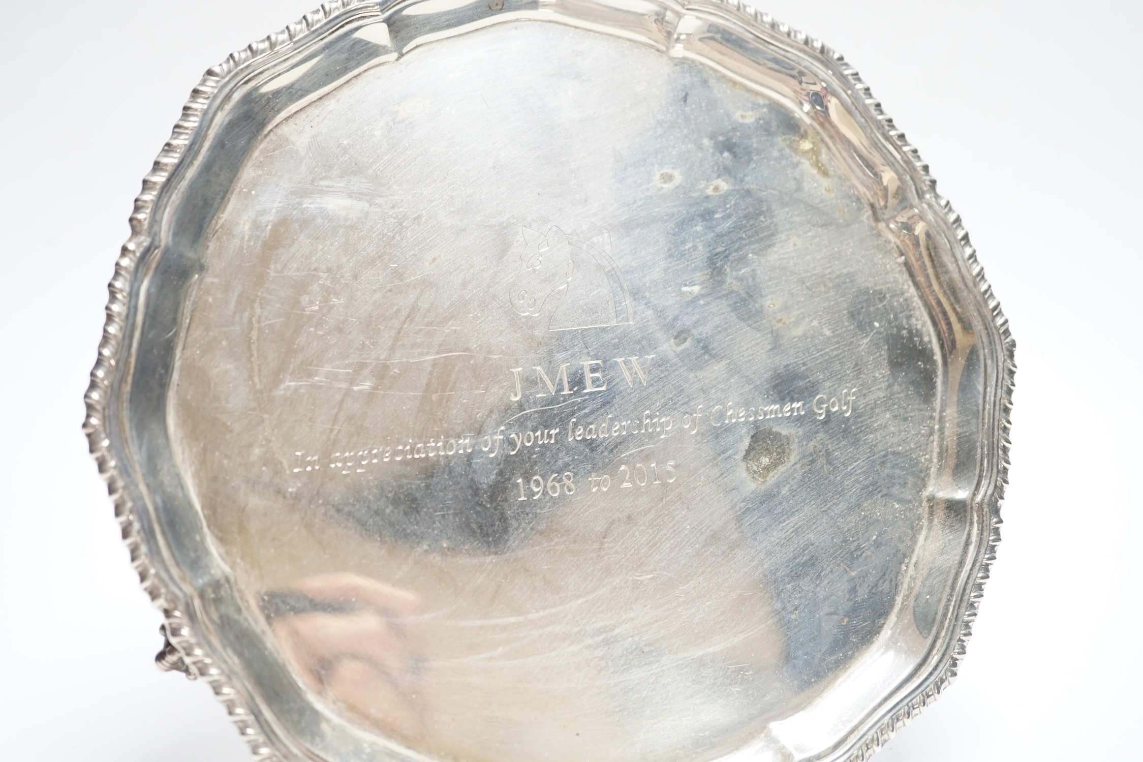A George V silver waiter, of shaped circular form, on three claw and ball feet, Fordham & Fordham, Sheffield, 1923, 20.7cm, 10.6oz.